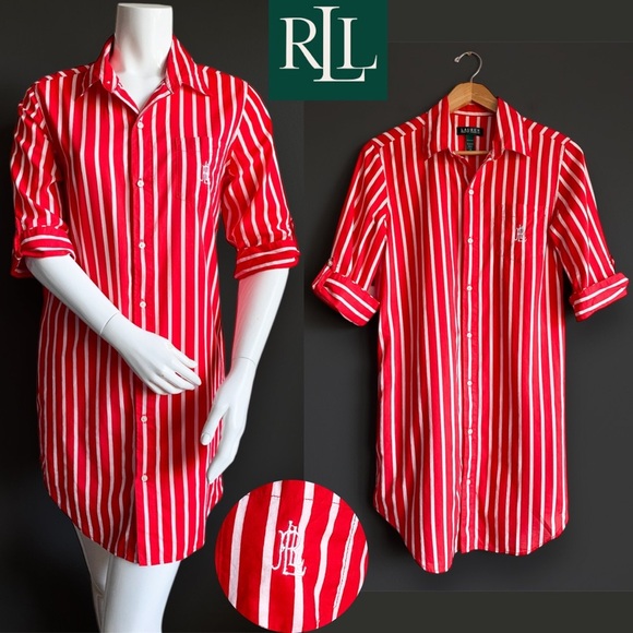 LRL Lauren Ralph Lauren Red Striped Shirt Mini Dress Preppy Travel Equestrian S - Picture 1 of 9